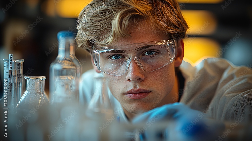 Young Scientist in Lab with Safety Goggles and Beaker Young Scientist in Lab with Safety Goggles and Beaker