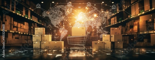 Distribution and logistics concept of global digital internet marketing and business e-commerce banner graphic concept showing global network and social media connection technology. Generative AI