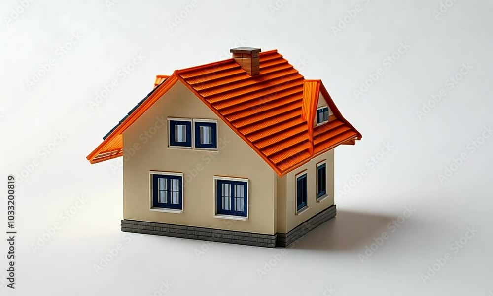 A 3D illustration of a house with a roof, featuring windows and a door, set against a white background, symbolizing residential architecture and real estate A 3D illustration of a house with a roof, featuring windows and a door, set against a white background, symbolizing residential architecture and real estate
