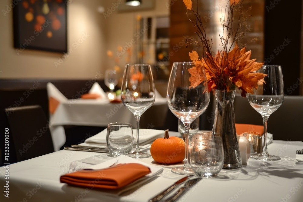 A beautifully set table in a restaurant, decorated for the fall season with pumpkins, fall leaves, and orange napkins. A beautifully set table in a restaurant, decorated for the fall season with pumpkins, fall leaves, and orange napkins.