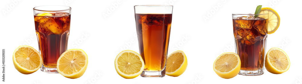 Iced tea with lemon slices isolated on transparent PNG background ideal for beverage-related designs or summer promotions Iced tea with lemon slices isolated on transparent PNG background ideal for beverage-related designs or summer promotions