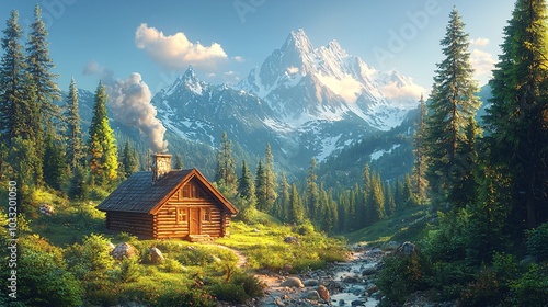 Mountain Cabin by a Stream in the Forest