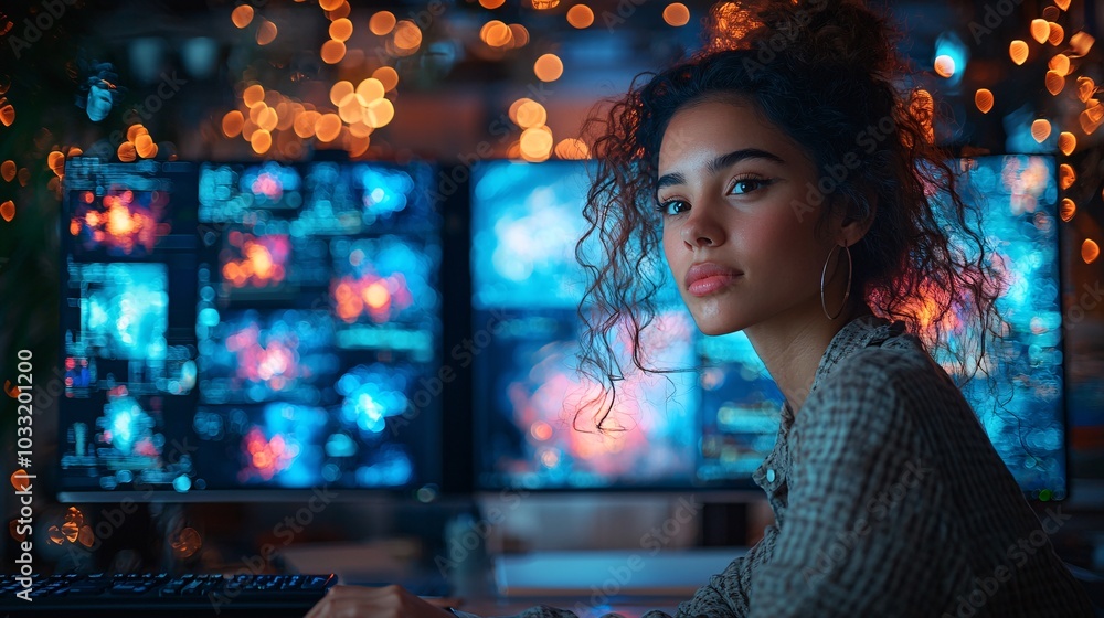 Young Woman Working Late at Night with Computer Screen Bokeh Lights and Blurred Background Young Woman Working Late at Night with Computer Screen Bokeh Lights and Blurred Background