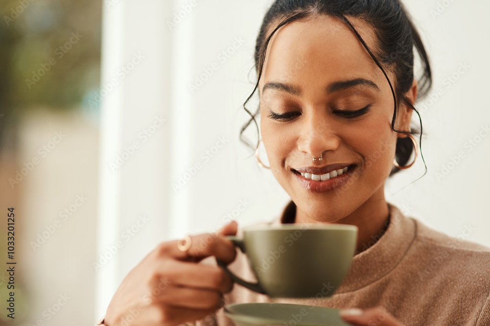 House, relax and woman with coffee, smile and happiness with morning routine, calm and peaceful. Apartment, person and girl with herbal tea, aroma and scent with latte, cappuccino and espresso House, relax and woman with coffee, smile and happiness with morning routine, calm and peaceful. Apartment, person and girl with herbal tea, aroma and scent with latte, cappuccino and espresso