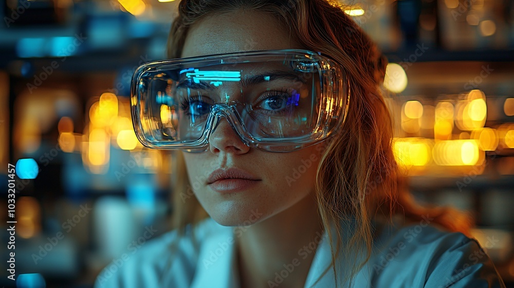 Female Scientist Wearing Protective Goggles in a Lab Female Scientist Wearing Protective Goggles in a Lab