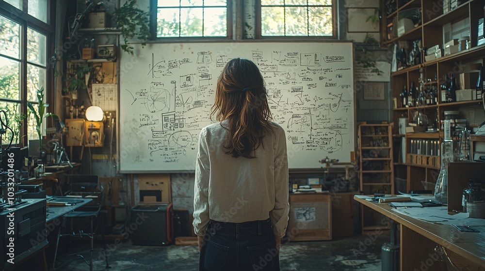 Woman Looking at Whiteboard with Drawings in Loft Studio Woman Looking at Whiteboard with Drawings in Loft Studio