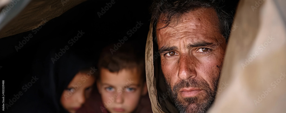 Emotionally charged portrait of a man and children in a shelter, conveying resilience and hardship. Emotionally charged portrait of a man and children in a shelter, conveying resilience and hardship.