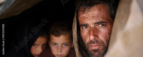 Emotionally charged portrait of a man and children in a shelter, conveying resilience and hardship.