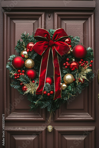 A classic Christmas wreath with red bow and red and gold decor on a brown door. AI generative