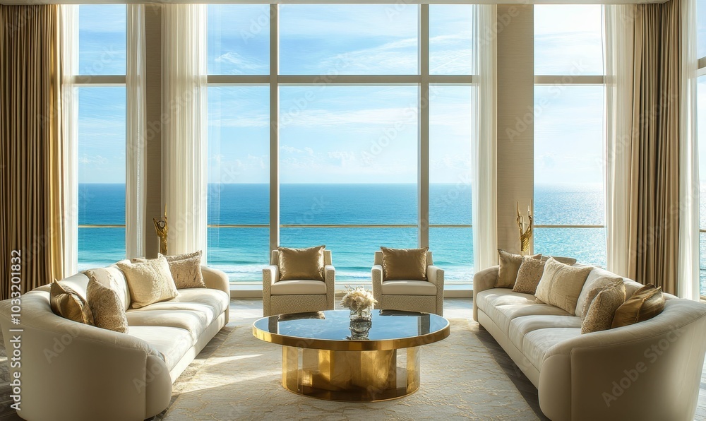 Fototapeta premium Luxury living room with ocean view.