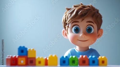 Cute Cartoon Boy Playing with Colorful Building Blocks