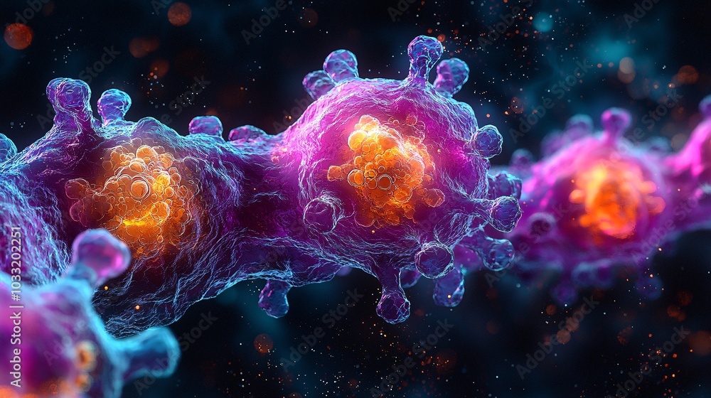3D Abstract Virus Cell with Neon Glow and Bokeh Effect 3D Abstract Virus Cell with Neon Glow and Bokeh Effect