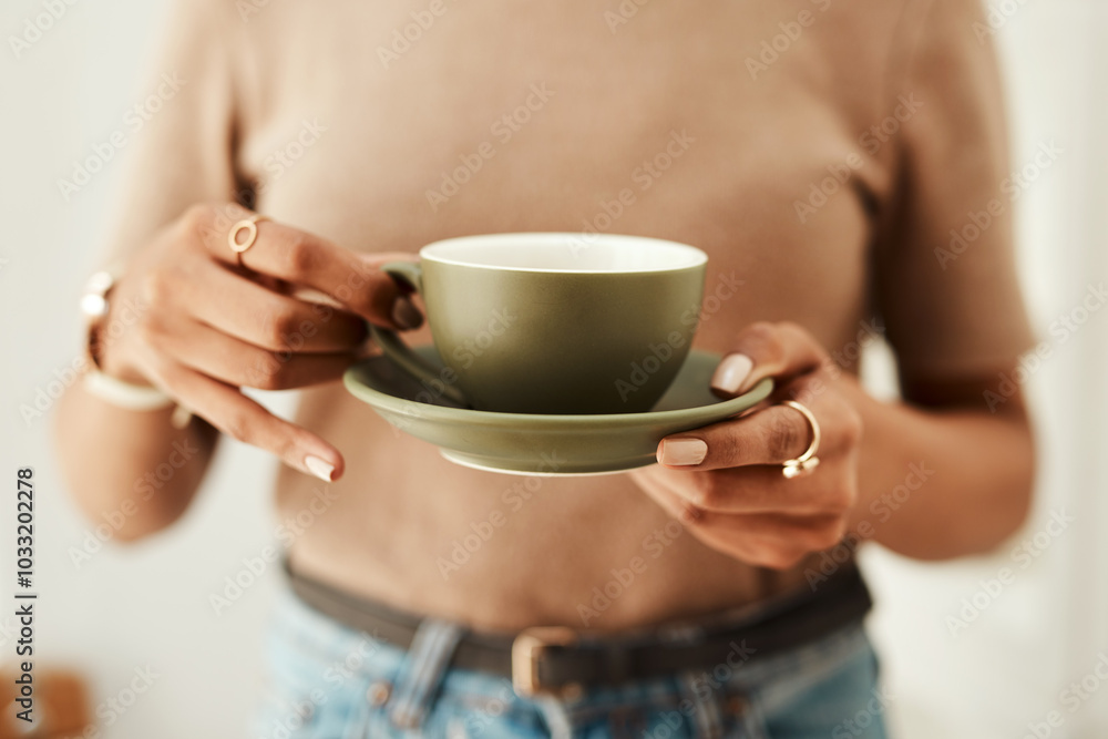Hands, woman and cup of coffee at house with morning, start, breakfast beverage and caffeine routine. Person, holding and mug with herbal tea for healthy drink, espresso break and hospitality service Hands, woman and cup of coffee at house with morning, start, breakfast beverage and caffeine routine. Person, holding and mug with herbal tea for healthy drink, espresso break and hospitality service