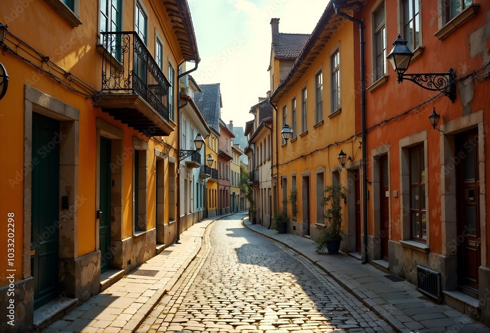 Fototapeta premium Vibrant Cobblestone Street with Colorful Historic Buildings in Charming Urban Setting