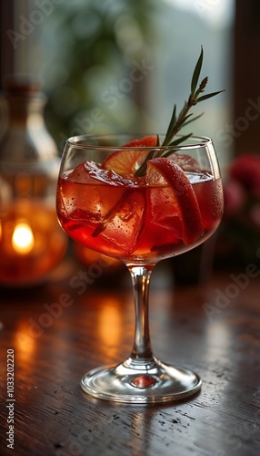 Refreshing cocktail with rosemary garnish on rustic wooden table for a sophisticated touch