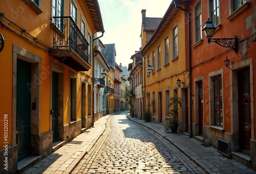 Vibrant Cobblestone Street with Colorful Historic Buildings in Charming Urban Setting