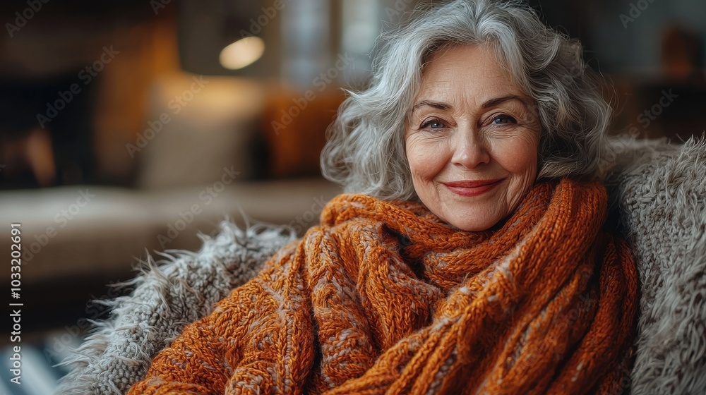 A smiling older woman wrapped in a cozy orange scarf enjoying a warm and inviting living room A smiling older woman wrapped in a cozy orange scarf enjoying a warm and inviting living room