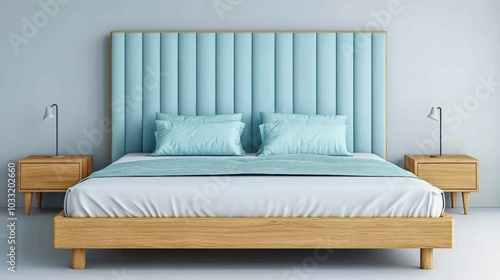 Modern Bedroom Interior Design with Blue Headboard and Wooden Bed Frame