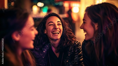 Three women share a joyful moment, laughing together in a warm, vibrant setting, showcasing friendship and connection.