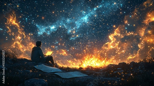 Man Studying Constellations Under a Starry Night Sky