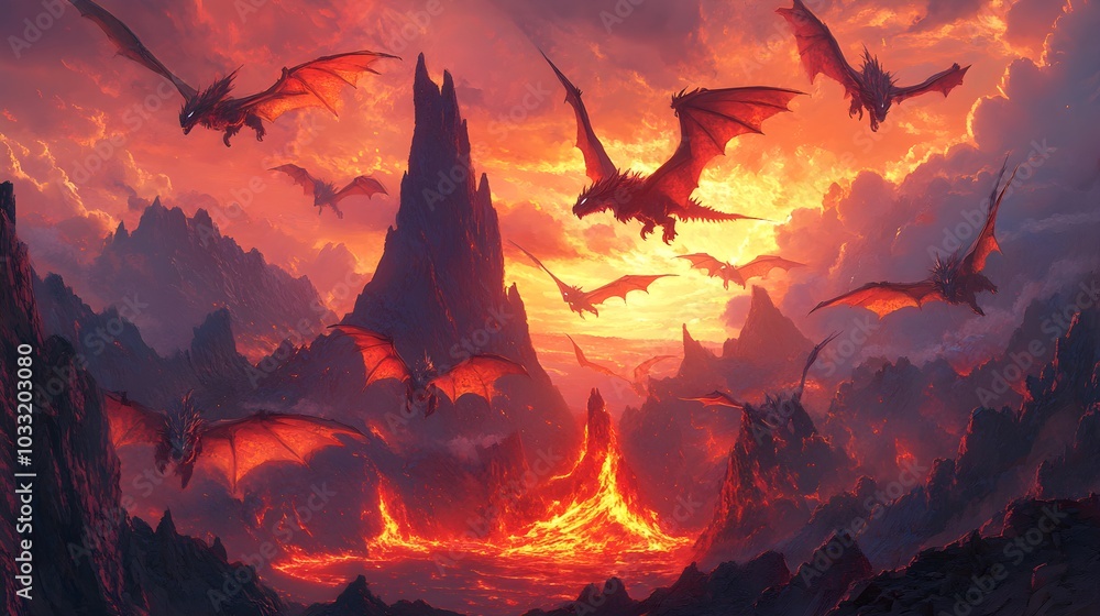 A group of fierce dragons, their scales glinting in the red glow of molten lava, soaring in a perfect circle above a towering volcanic peak, guarding a hidden treasure below A group of fierce dragons, their scales glinting in the red glow of molten lava, soaring in a perfect circle above a towering volcanic peak, guarding a hidden treasure below