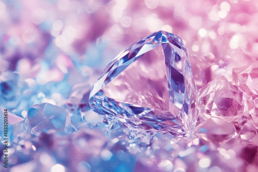 A single, large, clear, faceted diamond sits on a bed of smaller, faceted diamonds. The diamonds are illuminated by a pink and blue light, creating a soft, ethereal glow. A single, large, clear, faceted diamond sits on a bed of smaller, faceted diamonds. The diamonds are illuminated by a pink and blue light, creating a soft, ethereal glow.