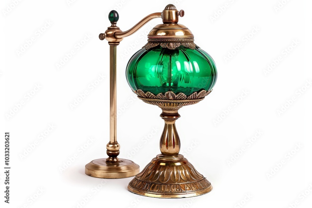 Green Glass Table Lamp with Brass Base Isolated On White Background Green Glass Table Lamp with Brass Base Isolated On White Background