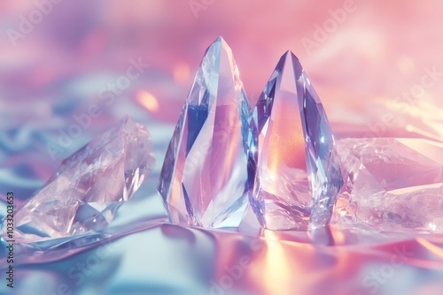 Three sparkling clear crystal diamonds on a iridescent surface with a pink and blue background. photo