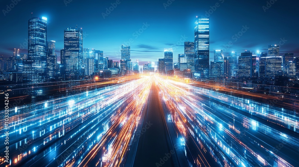 Obraz premium Futuristic Cityscape with Fast Moving Lights and Skyline
