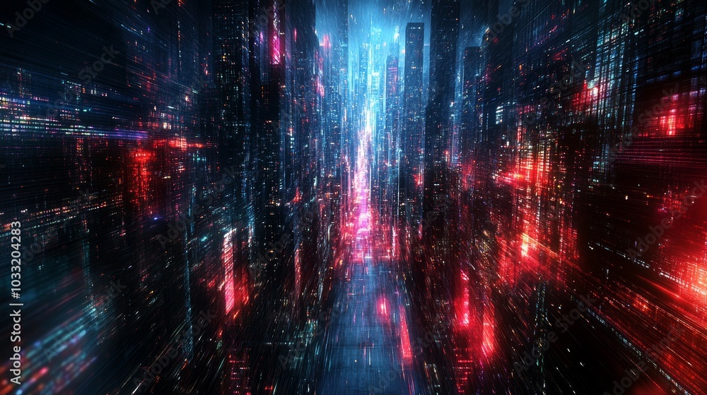 Futuristic Neon Cityscape with Red and Blue Lights Futuristic Neon Cityscape with Red and Blue Lights