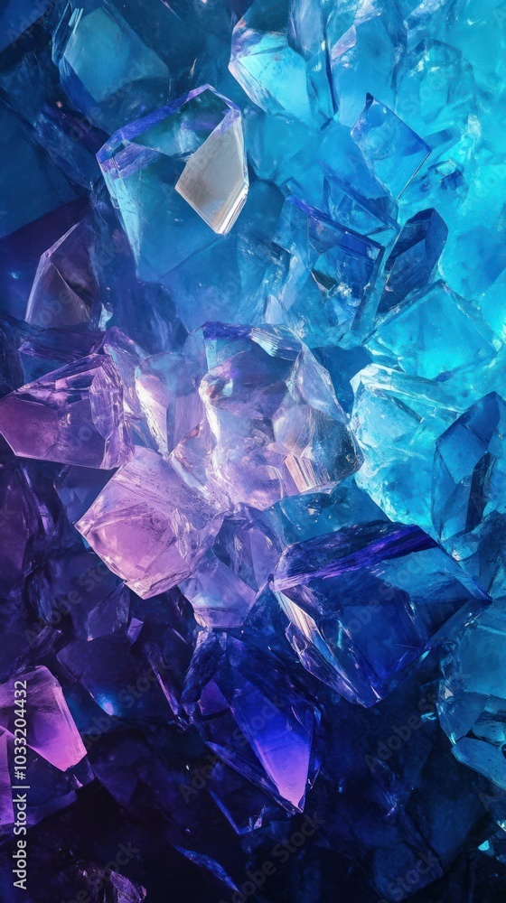 Vibrant Blue and Purple Crystals with Sharp Facets and Luminous Glow in a Macro Close-Up Vibrant Blue and Purple Crystals with Sharp Facets and Luminous Glow in a Macro Close-Up