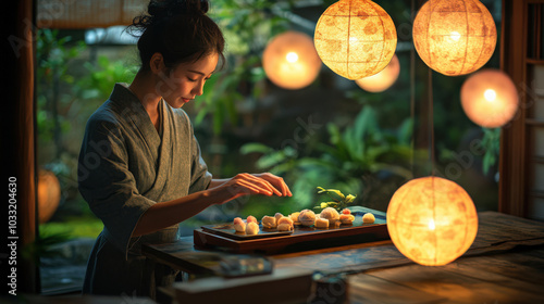 Inside a traditional Japanese teahouse, the artisan arranges wagashi on a lacquered tray for a tea ceremony.