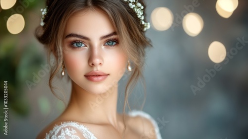 Beautiful Bride with Floral Crown and Pearl Earrings