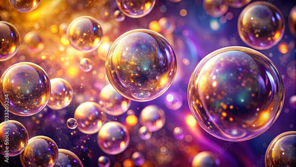 A symphony of iridescent spheres, each capturing a swirling cosmic landscape, suspended in a sea of shimmering light and dust A symphony of iridescent spheres, each capturing a swirling cosmic landscape, suspended in a sea of shimmering light and dust