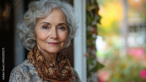 A confident elderly woman with gray curls and a stylish scarf poses by a window with a bright garden view during the afternoon