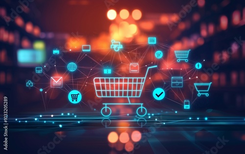 Distribution and logistics concept of global digital internet marketing and business e-commerce banner graphic concept showing global network and social media connection technology. Generative AI