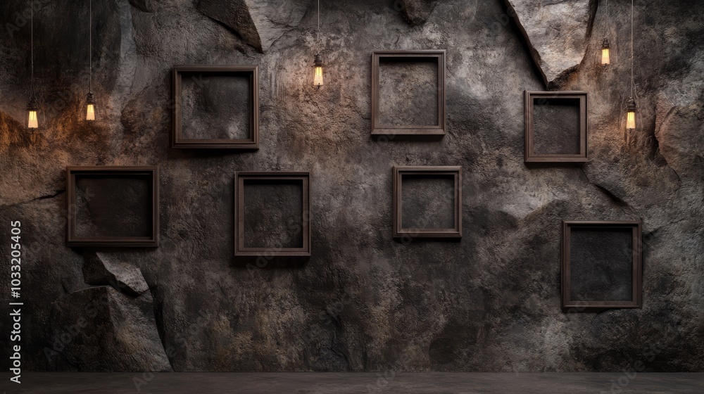 A rustic wall adorned with empty, dark-framed picture frames and atmospheric lighting, creating a moody, artistic ambiance. A rustic wall adorned with empty, dark-framed picture frames and atmospheric lighting, creating a moody, artistic ambiance.