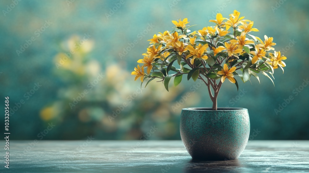Blooming Yellow Flowers in Pot on Wooden Table with Blurred Background Blooming Yellow Flowers in Pot on Wooden Table with Blurred Background