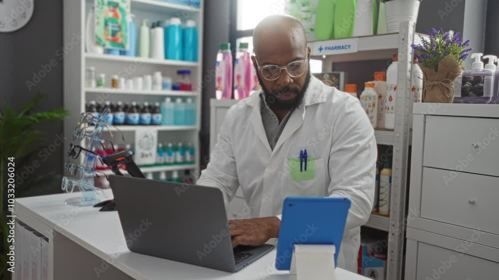 Pharmacist working on laptop and tablet in a drugstore filled with bottles and products Pharmacist working on laptop and tablet in a drugstore filled with bottles and products