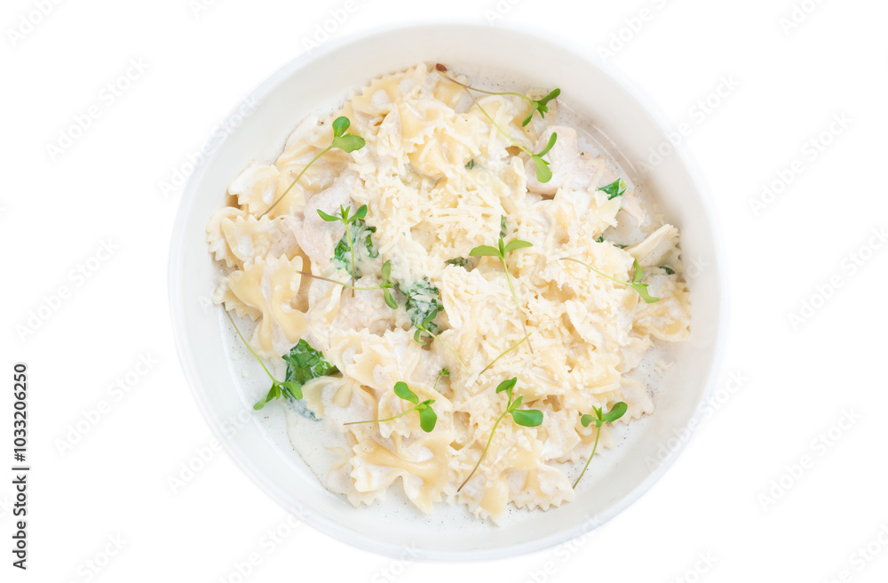 Fettuccine Alfredo or fettuccine al burro on white background for menu top view Fettuccine Alfredo or fettuccine al burro on white background for menu top view