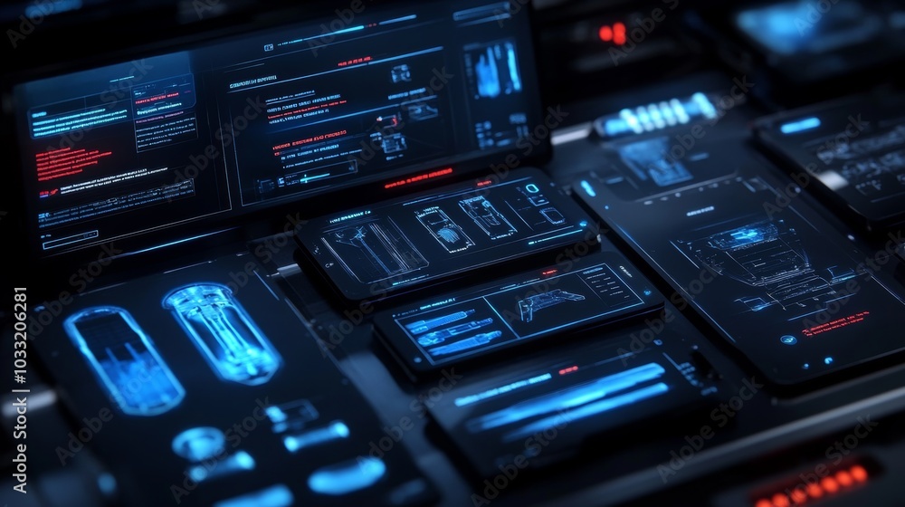 Obraz premium Futuristic Tech Interface Design Digital Displays and Data Analysis