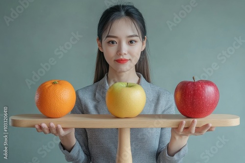 Comparison, decision to choose alternative choices, doubt or thoughtful compare good and bad things for best result, options concept, business woman compare orange and apple while balance on, Generati photo