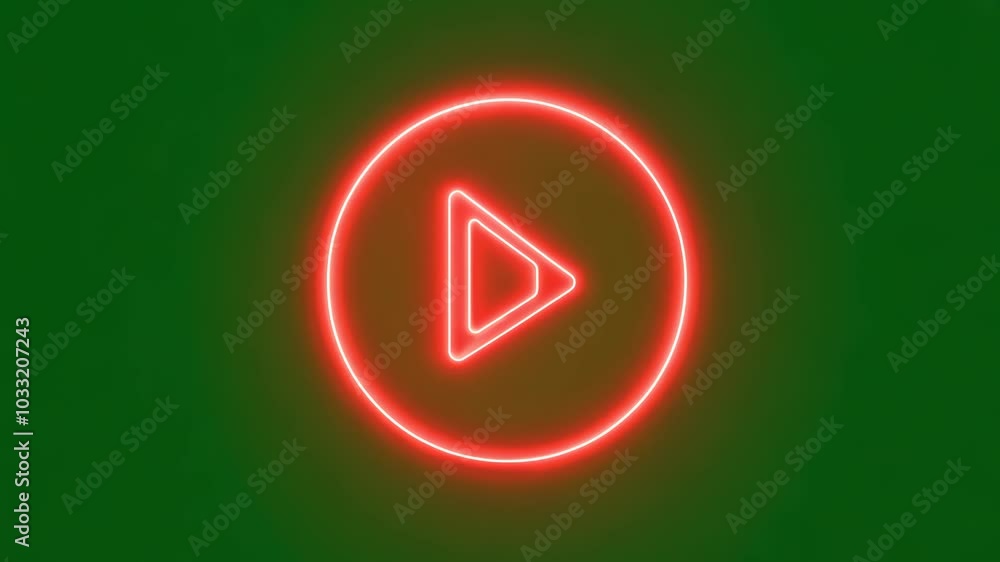 Red neon play button on green background
Red neon play button on green background