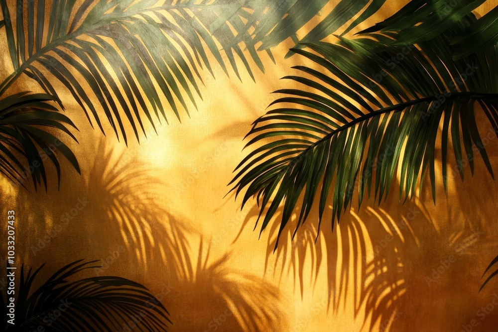 Palm leaves casting shadows on a yellow wall with sunlight streaming through. Palm leaves casting shadows on a yellow wall with sunlight streaming through.