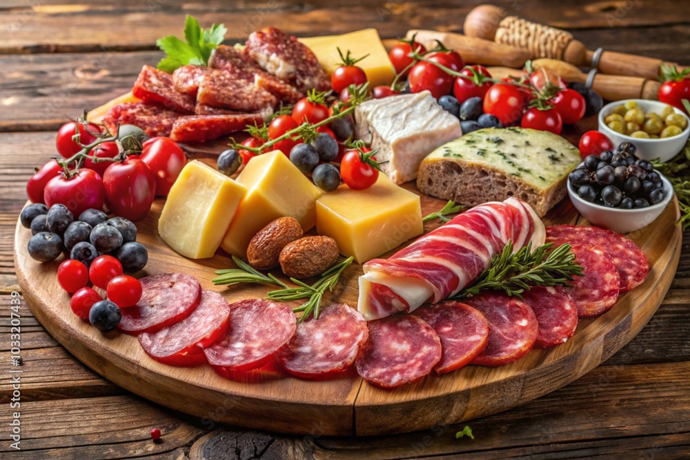 A wooden platter with a variety of meats and cheeses, including ham, salami A wooden platter with a variety of meats and cheeses, including ham, salami