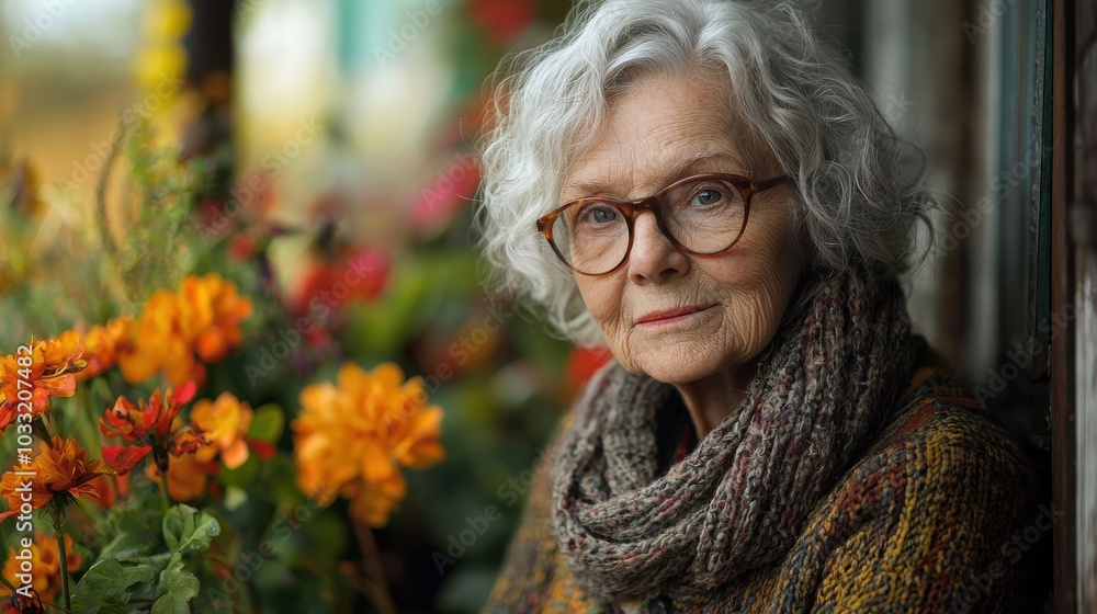 Elderly woman with gray curly hair sitting among vibrant flowers in a cozy outdoor setting during a sunny afternoon Elderly woman with gray curly hair sitting among vibrant flowers in a cozy outdoor setting during a sunny afternoon