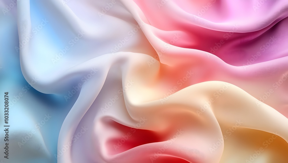 Abstract, colorful silk cloth in motion on a pastel background. Abstract 3D rendering of draped fabric. Photorealistic 3D render. Abstract, colorful silk cloth in motion on a pastel background. Abstract 3D rendering of draped fabric. Photorealistic 3D render.