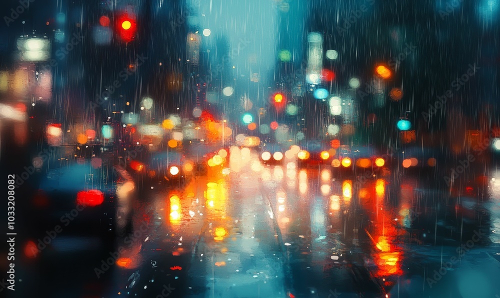 Rainy city night with blurred lights. Rainy city night with blurred lights.