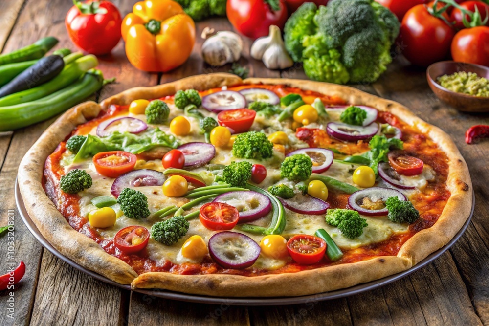A pizza with a variety of vegetables on it, including tomatoes, onions A pizza with a variety of vegetables on it, including tomatoes, onions