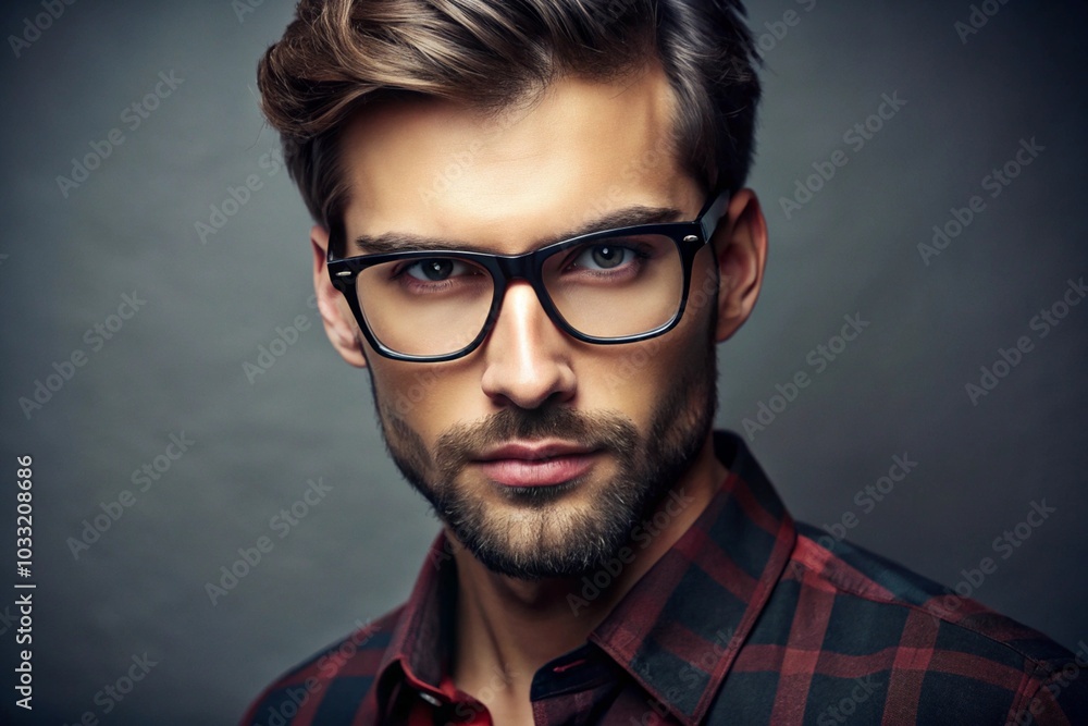 Fototapeta premium A man in a blue suit and glasses stands in front of a wall